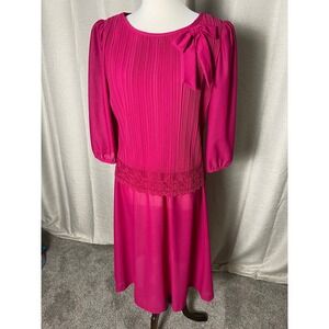 Vintage 70s Good Times Pink Pleated Lace Trim Midi Dress Bow Accent Womens 9/10